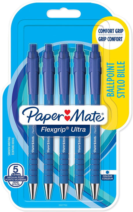 Paper mate flexgrip ultra kuglepenne med trykknap | mellempunkt (1,0 mm) | blå blæk | 5 stk