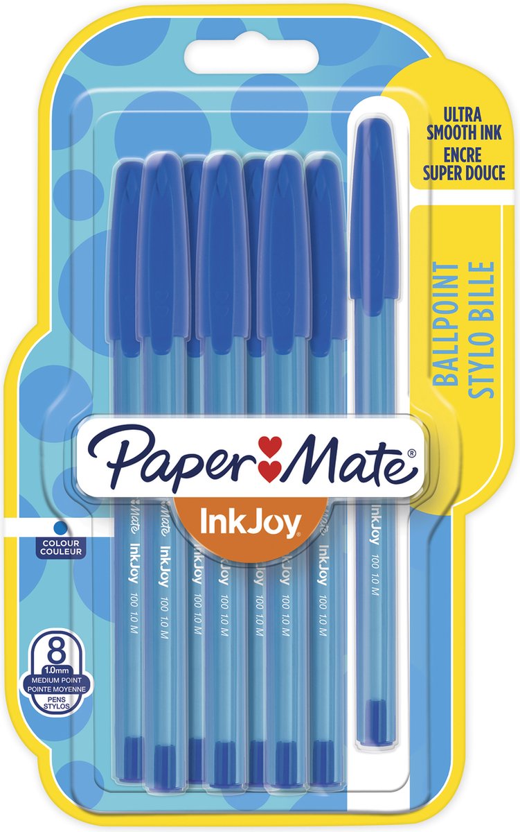 Paper mate inkjoy 100 stk kuglepenne | mellempunkt (1,0 mm) | blåt blæk | 8 stk