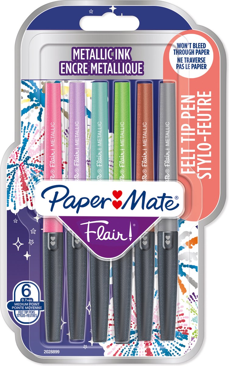 Paper mate flair metal tuschpenne | glitrende blæk skinner på hvidt papir | forskellige farver | mellempunkt (0,7 mm) | 6 stk