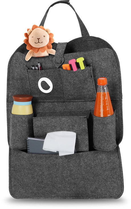 Lionelo organizer - autostol tilbehør klapvogn organisator - 2-i-1 ryglænsbeskytter opbevaringssystem - 7 rum - universal fastgørelse med velcro - filt - sikker og praktisk