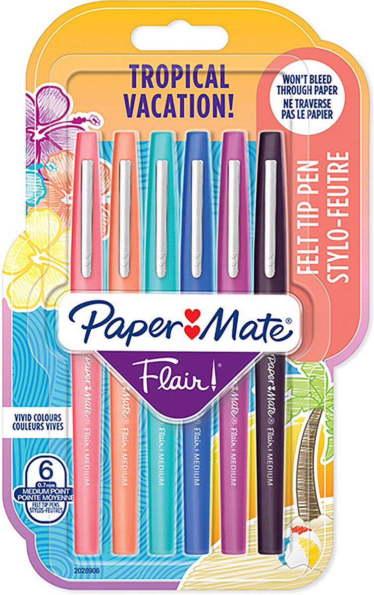 Paper mate flair tuschpenne | mellempunkt (0,7 mm) | forskellige tropiske feriefarver | 6 stk