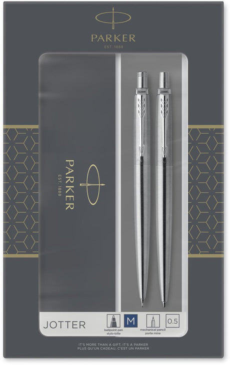 Parker jotter duo gavesæt kuglepen og mekanisk blyant (0,5 mm) - blåt blæk - rustfrit stål med kromfinish