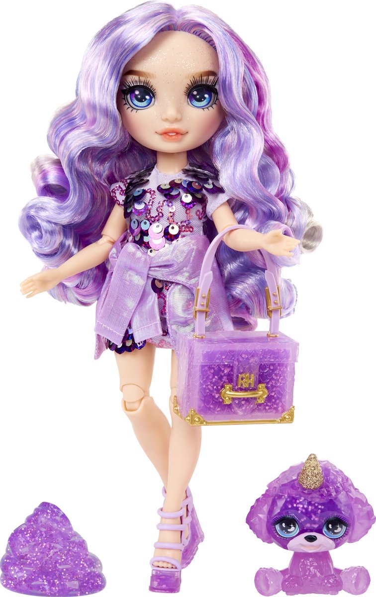 Regnbue høj klassisk modedukke - 28 cm - violet (lilla) - med slimsæt og dyr
