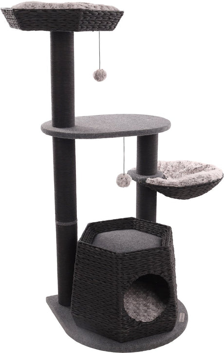 Flamingo krabpaal – berliot zwart – 90 × 65 × 118 cm – papieren krabtouw – met hangmat, ligplateaus schuilplaats – voor katten