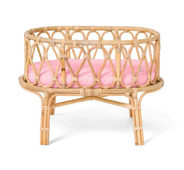 Rattan dukke vugge med pink madras