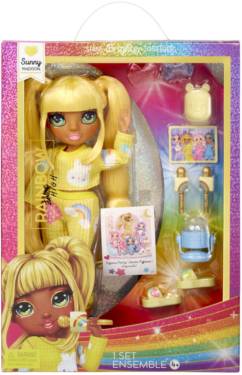 Rainbow high junior high pyjamasfest - 23 cm - solrig (gul) - modedukke