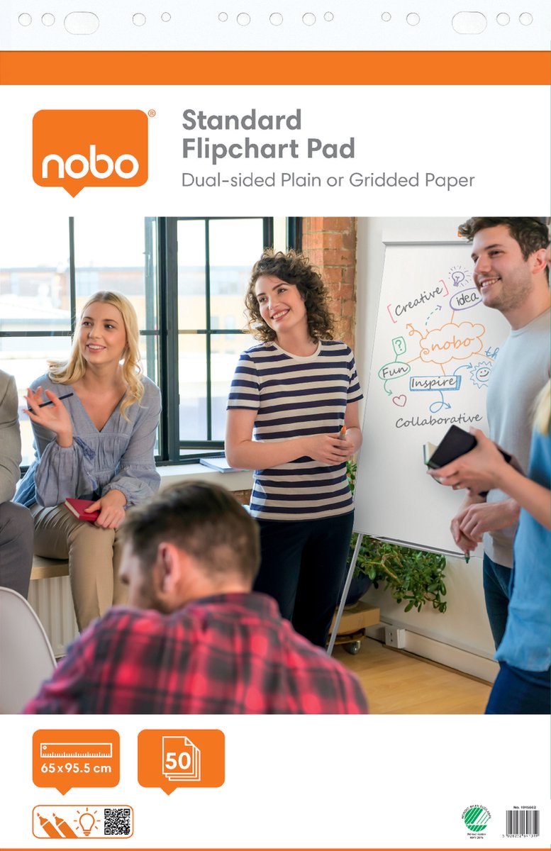 Nobo standard flipover papir på rulle - 50 ark dobbeltsidet ternet eller blankt papir - 65x95cm - 70 gram