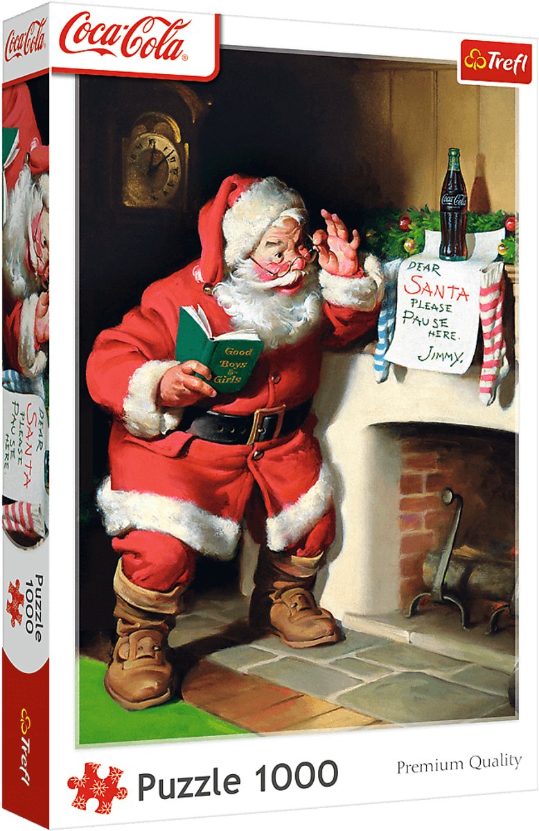 Trefl puslespil 1000 brikker - coca-cola julemand ved pejsen - julepuslespil.