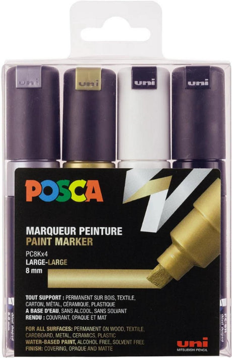 Posca markører sæt 8k hvid sort guld sølv
