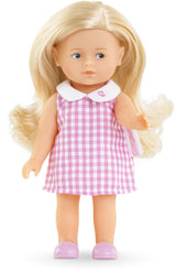 Corolle baby dukke mini corolline rosenrød med pink ternet kjole dukke.