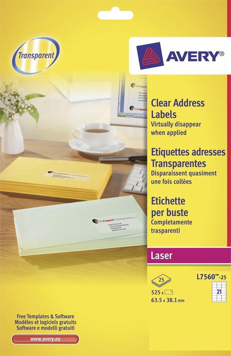 Avery gennemsigtige etiketter quickpeel format 635 x 381 mm (b x h) 525 stykker 21 pr.