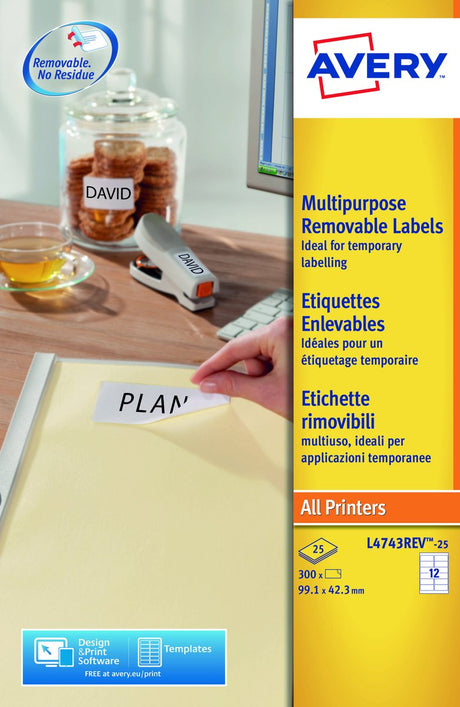 Umærkede sans marque avery aftagelige etiketter, hvide, 99,1 x 42,3 mm, aftagelige