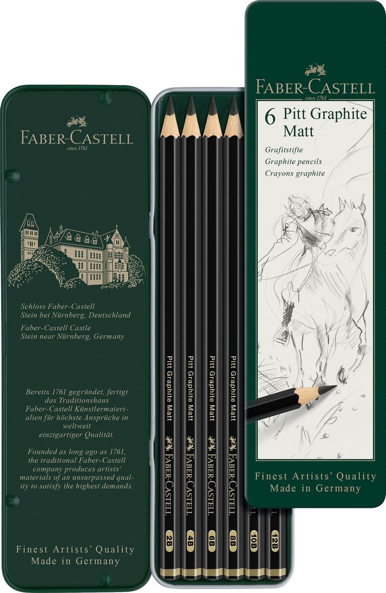 Faber-castell grafit blyanter sæt - pitt mat - tin 6 dele - mat sort - fc-115207