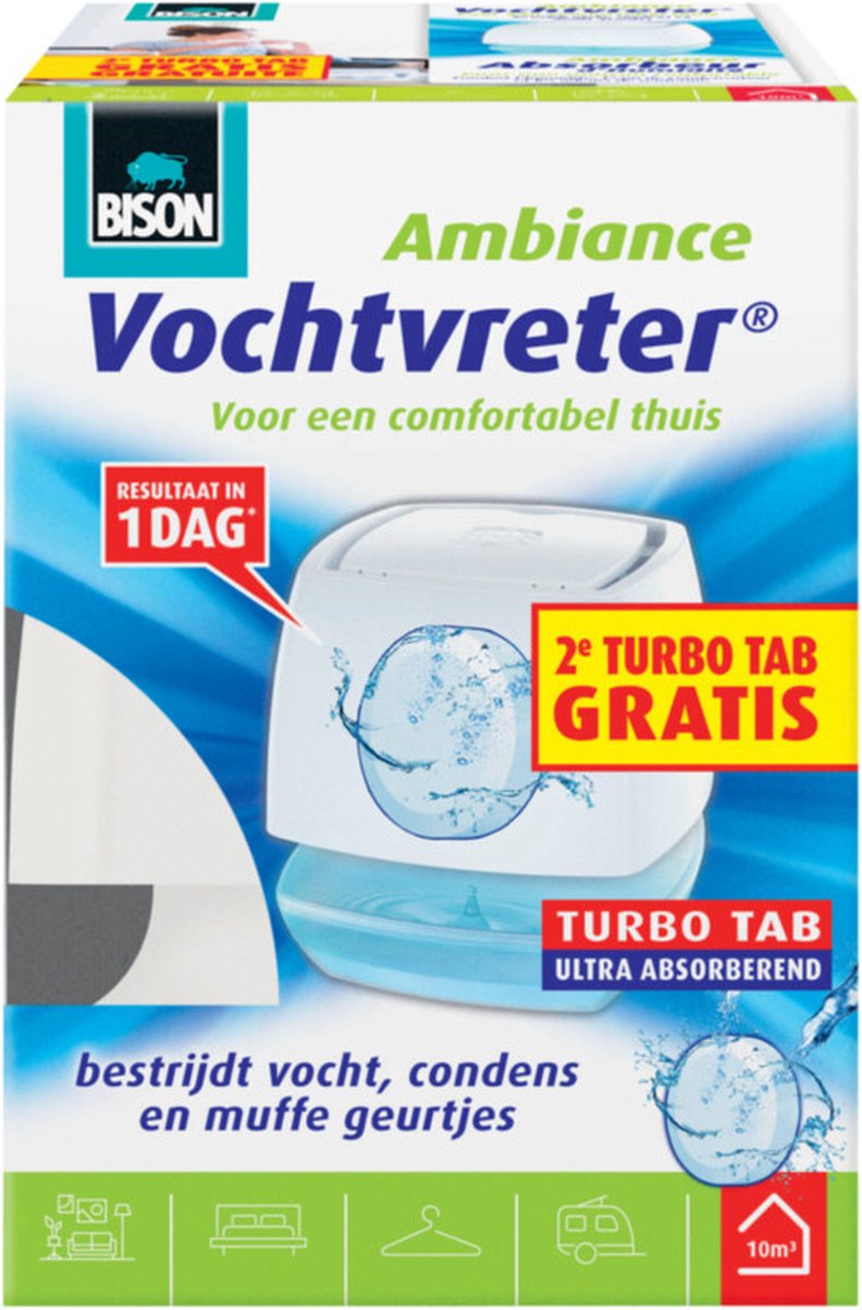 Bison moisture absorber® ambiance 100g, gratis ekstra tab, affugter, bekæmper fugt og skimmelsvamp i opholdsrum, unikt luftcirkulationssystem, hvid, også velegnet til campingvogne og campister