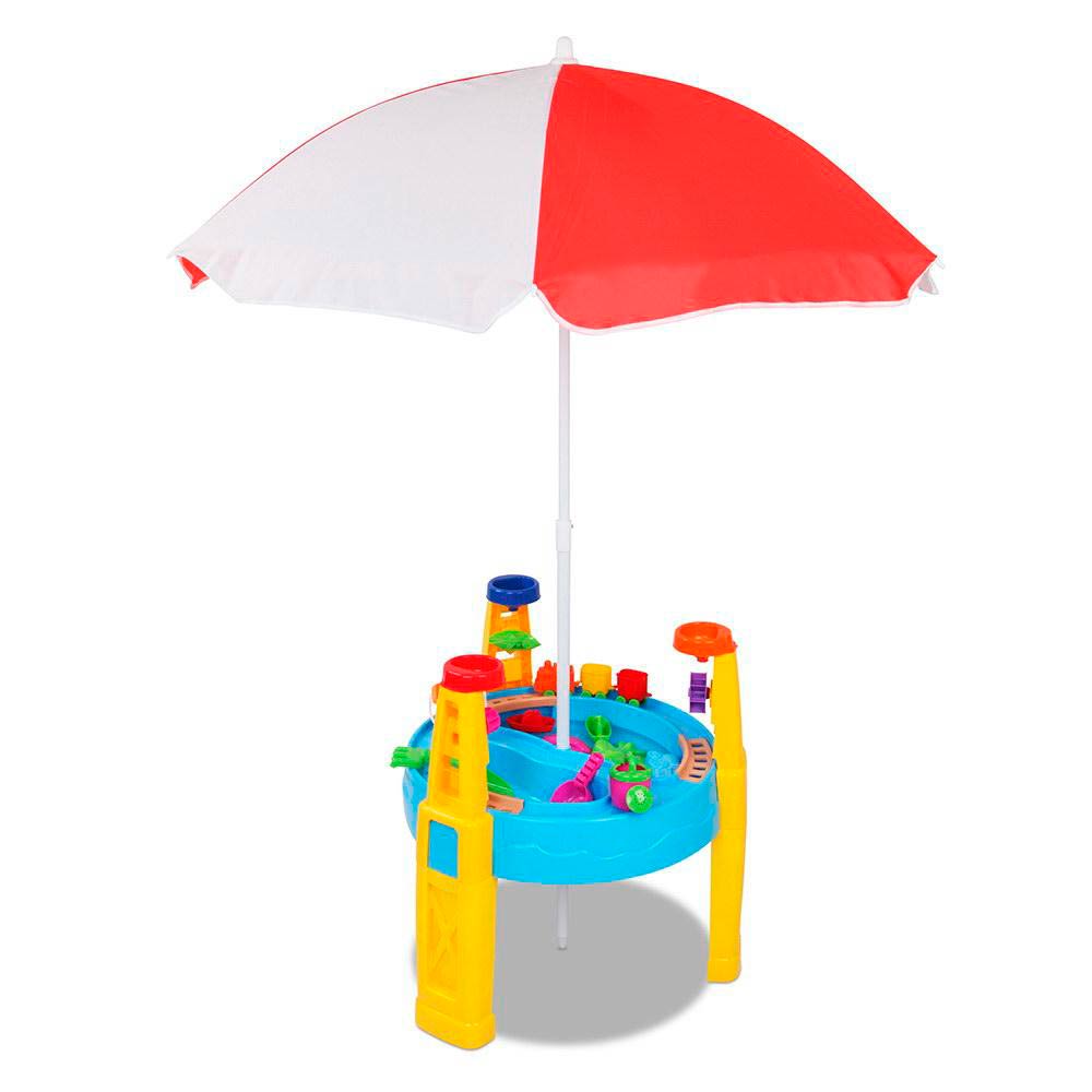 Sand og vand legeplads med parasol