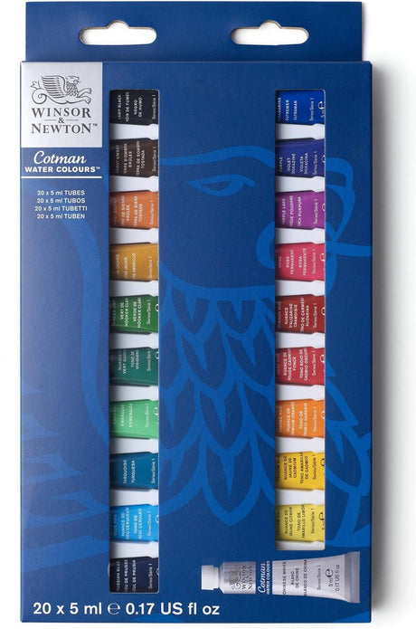 Winsor Newton 0390665 Cotman akvarelfarvesæt – begyndersæt 20 x 5 ml – essentielle akvarelfarver med pigmenter af høj kvalitet