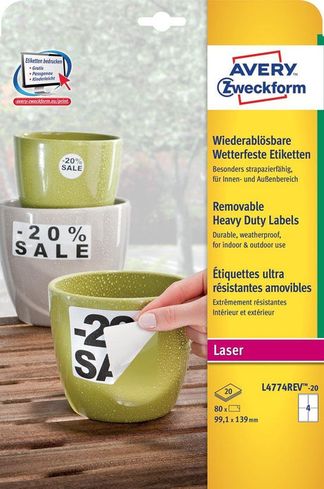Avery aftagelige vejrbestandige etiketter størrelse 991 x 139 mm (b x h) hvid kasse med 80 etiketter
