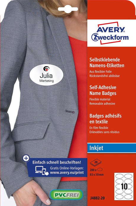 Avery navneskilt selvklæbende. zweckform oval 85x50 mm hvid aftagelig 200 etiketter 20 ark inkjet