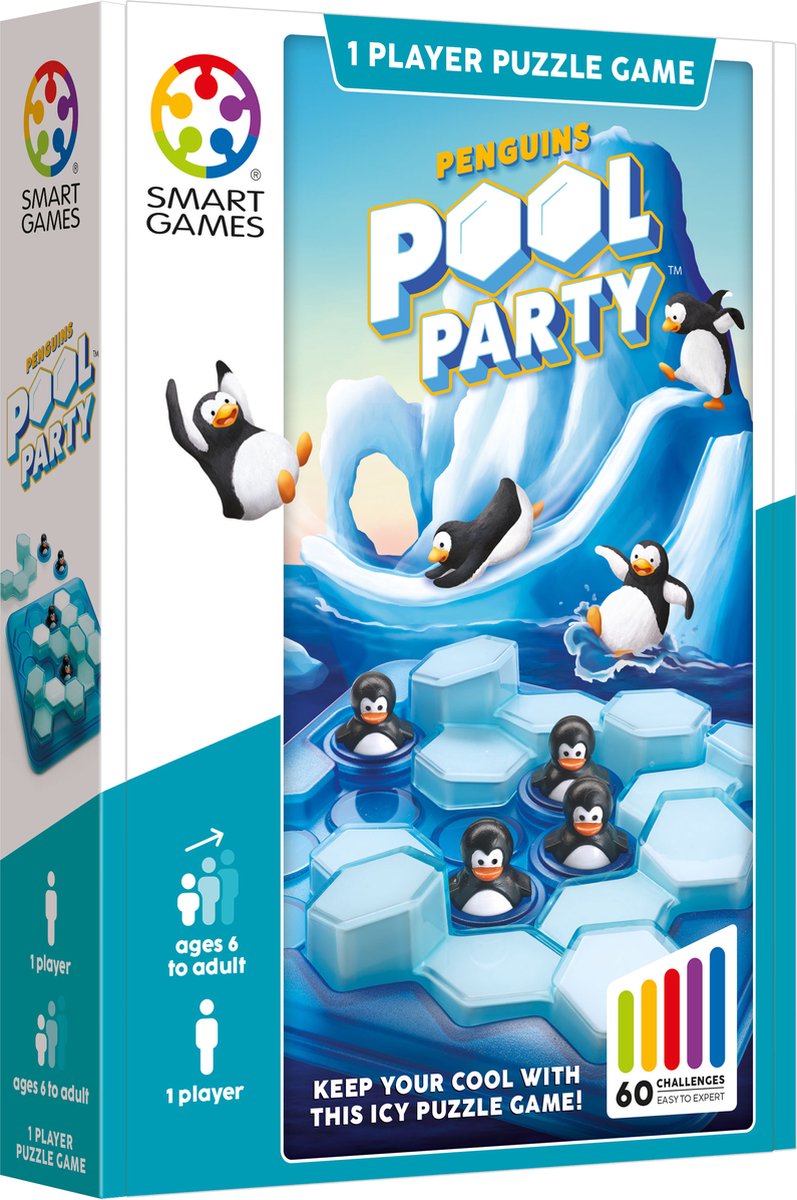 Smartgames penguins pool party - compact logical thinking game - 60 educational penguin challenges - travel game solo game - from 6 years