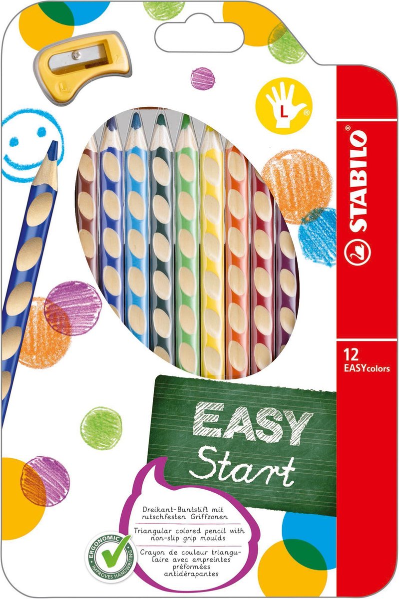 Stabilo Easy Colors farvede blyanter til venstre -håndet - 12 stk. + blyantspidser