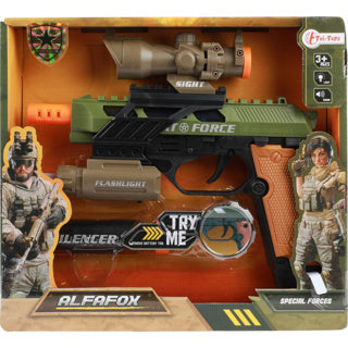 Toi-legetøj alfafox militærpistol med lyddæmper + lommelygte + lys og lyd