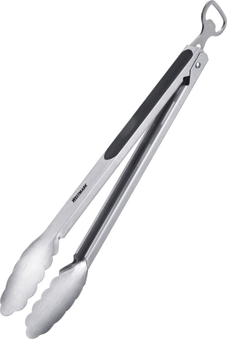 Westmark grilltang + serveringstang med flaskeåbner, med ender af rustfrit stål og gummihåndtag, længde: 35 cm, rustfrit stål plast, klassisk specialmix, sølvsort, 1625227ö