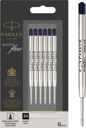 Parker kuglepen refills | mellempunkt (1,0 mm) | sort quinkflow blæk | 6 stk