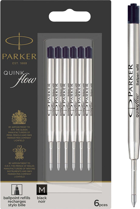 Parker kuglepen refills | mellempunkt (1,0 mm) | sort quinkflow blæk | 6 stk