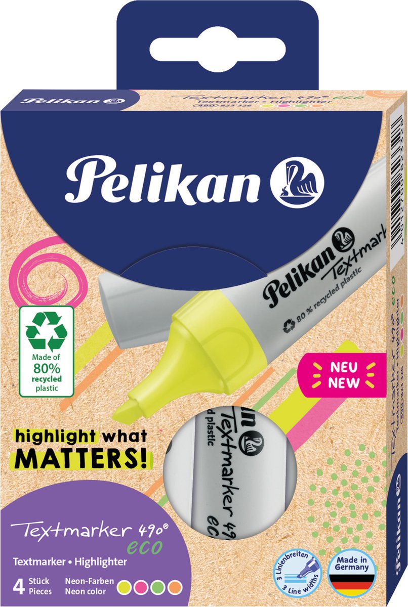 Pelikan highlighter 490 øko etui med 4 farver