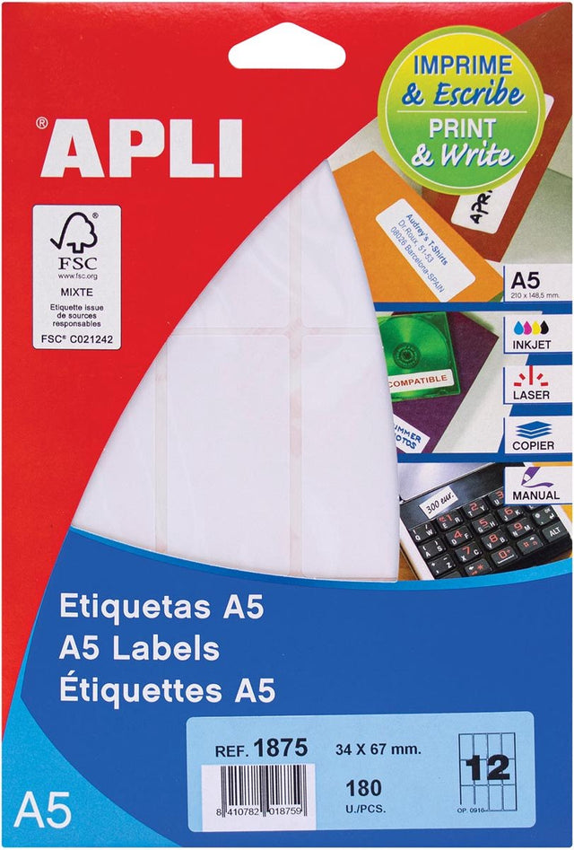 Apli witte etiketten print write ft 34 x 67 mm (b x h), 180 stuks, 12 per blad (1875)