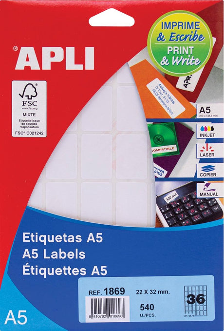 Apli hvide etiketter print skrive ft 22 x 32 mm (b x h), 540 stykker, 36 pr. ark (1869)