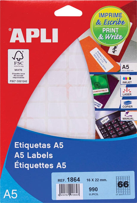 Apli hvide etiketter print skrive ft 16 x 22 mm (b x h), 990 stykker, 66 pr. ark (1864)