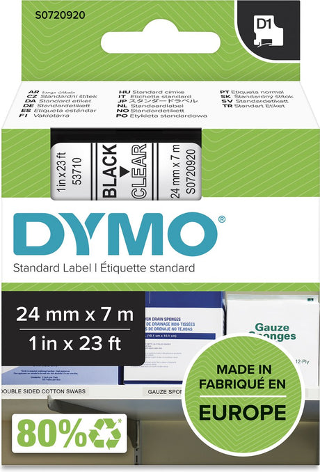 Dymo originale d1 etiketter | sort tekst på gennemsigtig etiket | 24mm x 7m | selvklæbende labels til label manager label printer | lavet i europa