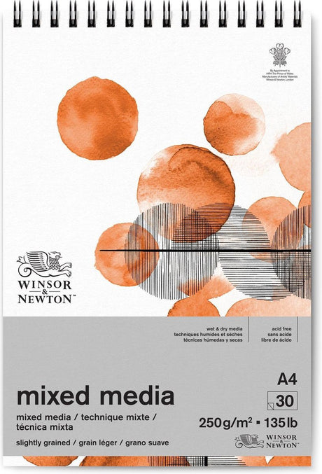 Winsor Newton 6694002 mixed media pad – 250g m², 30 ark A4, spiralbinding, til oliemaling, akrylmaling og akvarel – mixed media blok