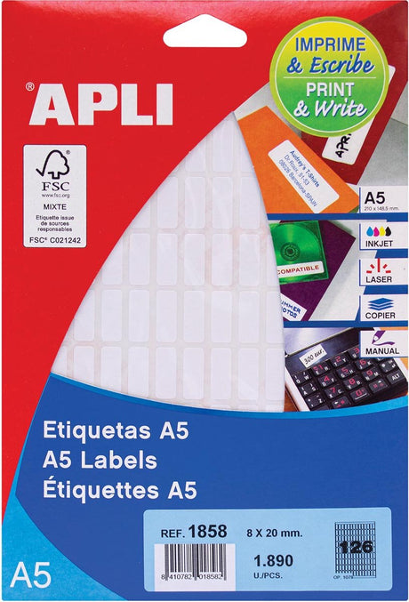 Apli hvide etiketter print skrive ft 8 x 20 mm (b x h), 1.890 stykker, 126 pr. ark (1858)