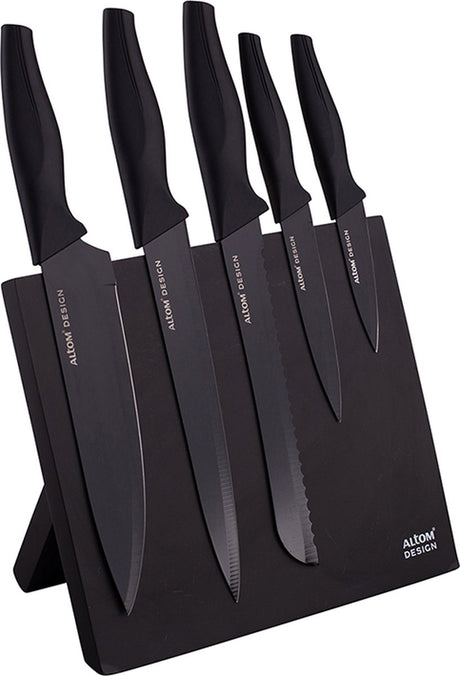 Altom design sort magnetisk knivblok med 5 sorte knive - ergonomiske håndtag - smukt design - moderne og elegant - med 5 sorte knive