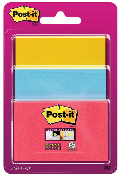 Post it super sticky notes | 45 ark | 3 formater | assorterede farver | på blister