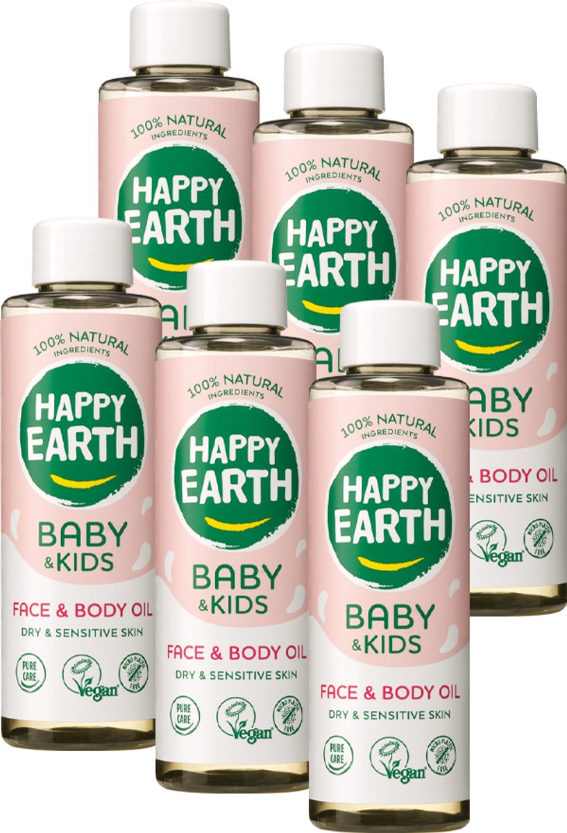 Happy earth bundel gezicht en lichaam olie baby kids - 100% natuurlijk - microplasticvrij - babyverzorging – met plantaardige huidverzachter – geschikt voor pasgeborenen – 6 x 150ml - voordeelverpakking