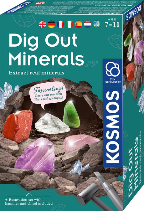 Kosmos udgraver mineraler – eksperimentsæt – grav farverige ædelsten op og opdag mineralernes verden – inklusive bjergkrystal, rosenkvarts, ametyst og mere – mineralgravning
