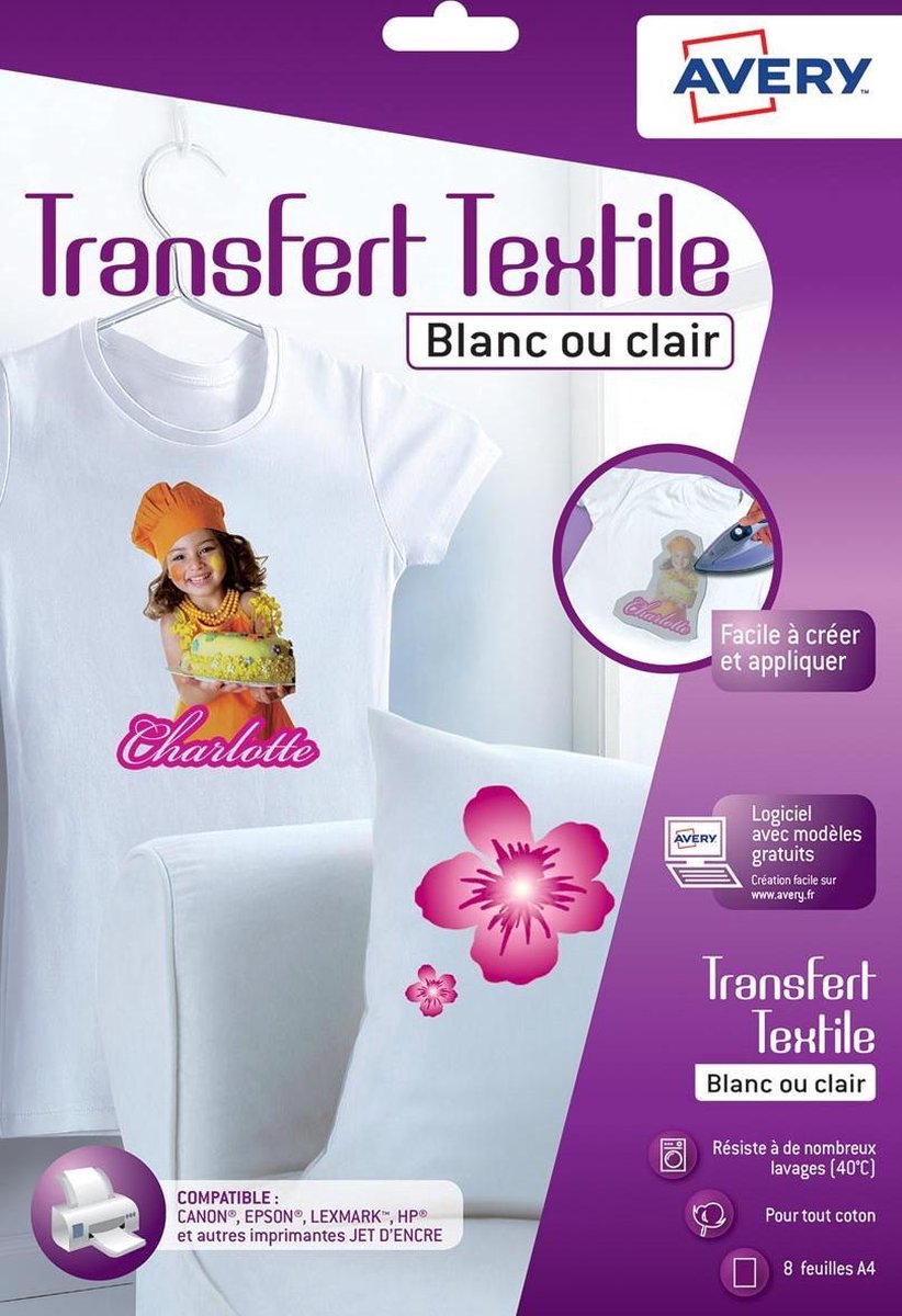 Avery transferfolie t-shirt a4 gennemsigtig æske med 8 ark