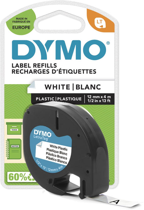 Dymo letratag originale plastiketiketter | sort tryk på hvide etiketter | 12mm x 4m | selvklæbende multifunktionelle etiketter til letratag etiketprintere | lavet i europa