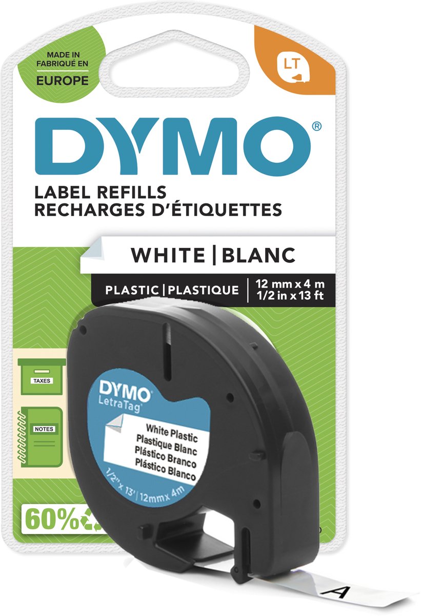 Dymo letratag originale plastiketiketter | sort tryk på hvide etiketter | 12mm x 4m | selvklæbende multifunktionelle etiketter til letratag etiketprintere | lavet i europa