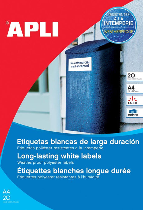 Apli vejrbestandige etiketter format 210 x 297 mm (b x h) 20 stk. 1 pr. ark æske med 20 ark
