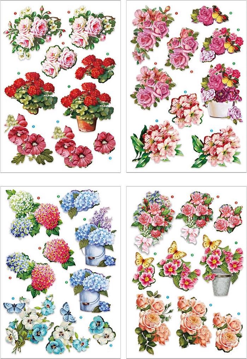 Creativ company 3D skæreark - blomstertema - kreativ scrapbogsdekoration - kortfremstilling - hobbyhåndværk - blomsterprint - størrelse 21x30 cm - 4 ark - til gør-det-selv-projekter og kreativ brug