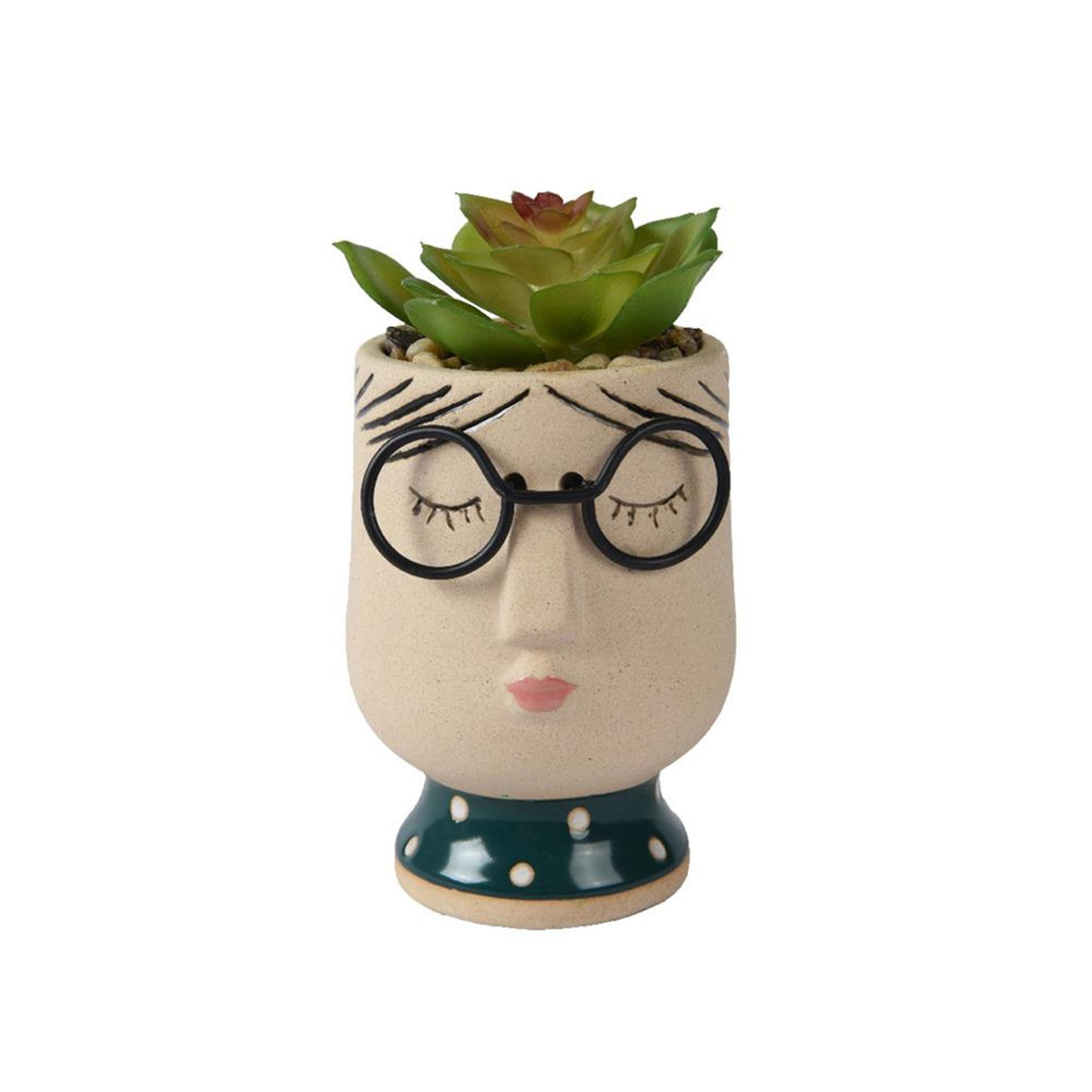 Decoris kunstig plante sukkulent i potte med keramisk ansigt 7,8x7,2x13,5 cm