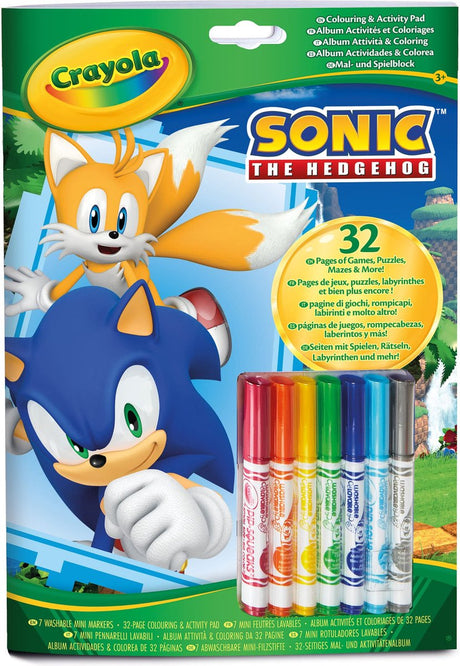 Crayola - malebog - sonic - 32 farvelægningssider og 7 mini vaskbare tuschpenne