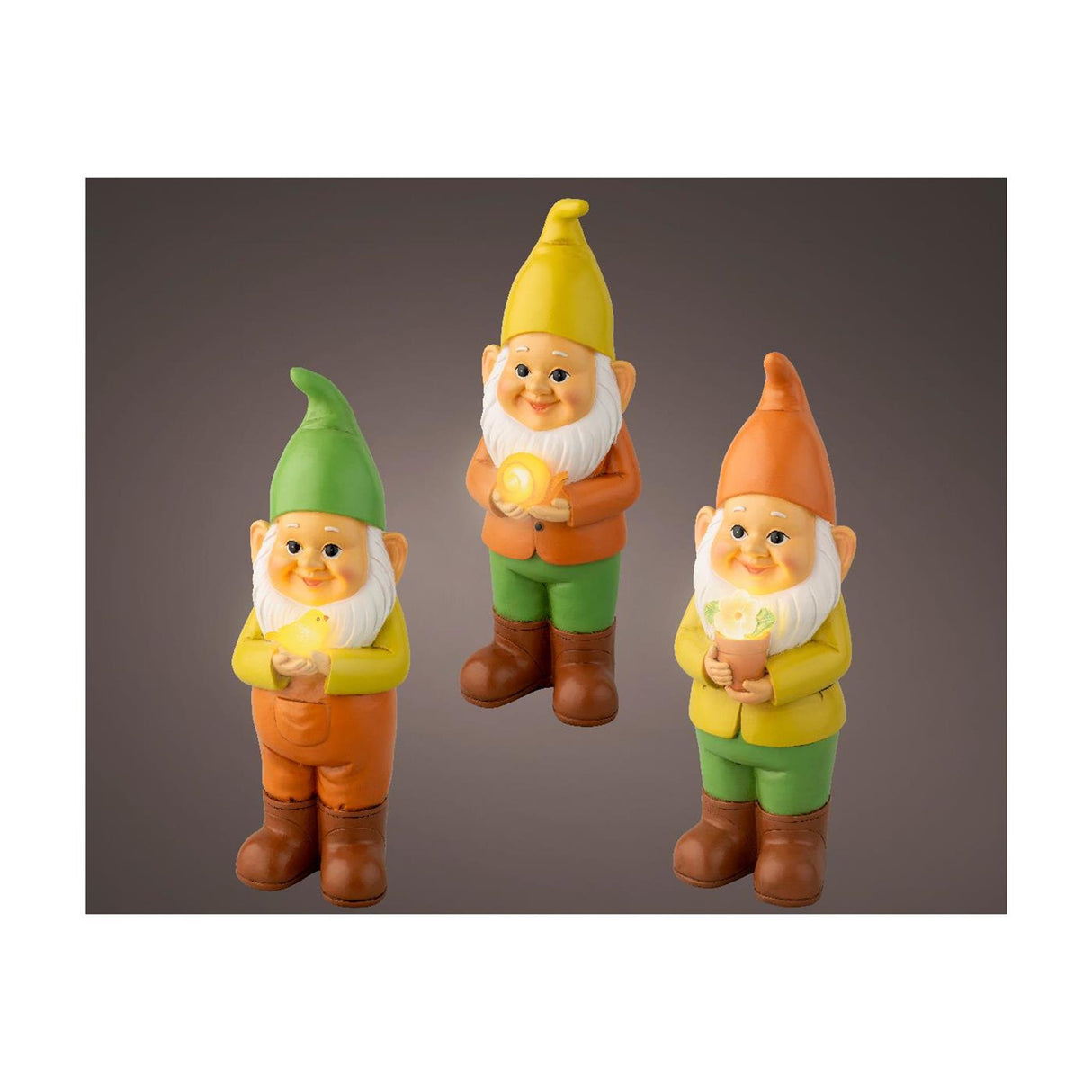 Lumineo solar gnome polyresin 9,5x10x28,5cm 3 assorteret