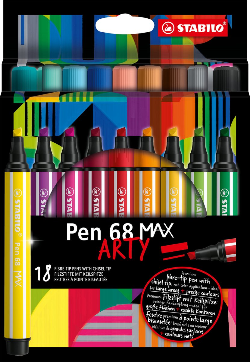 Stabilo pen 68 max arty - tuschpen med tyk mejselspids - sæt med 18 dele