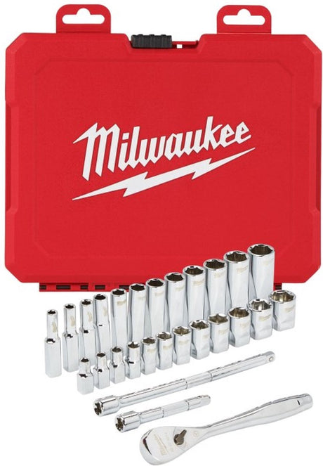 Milwaukee tilbehør milwaukee skralde + fatningssæt 1 4 drev 28 stk skralde + fatningssæt metrisk - 4932464943