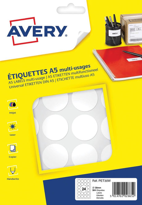 Avery label a5 30mm rund blister 240stk hvid
